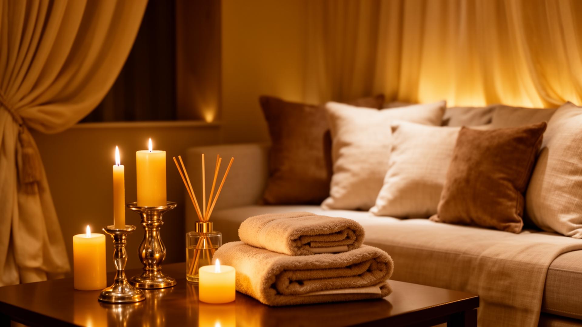 Warme lounge sfeer met kaarslicht